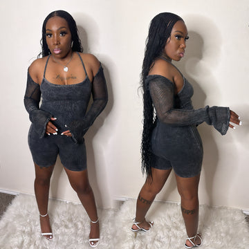 WASHED RIBBED CAMI ROMPER& FISHNETSLEEVE SET